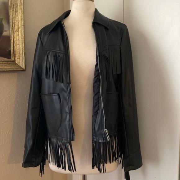 BIG SALE! Women's Black Faux-Leather Fringe Jacket By Sebby - Size M - Picture 7 of 8